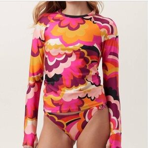 Trina Turk Standard Fan Faire Swim Long Sleeve Tee Rash Guard Pink Orange Sz L